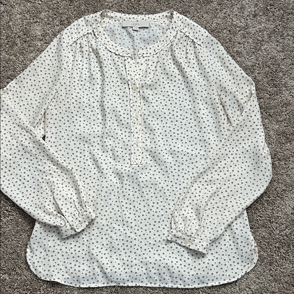 LOFT Cream Polka Dot Henley Blouse - Long Sleeve